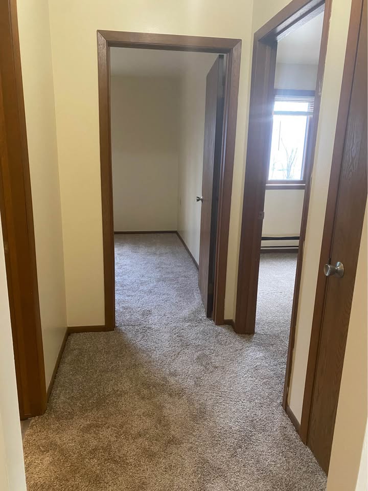 Carpeted hallway leading to the bedrooms