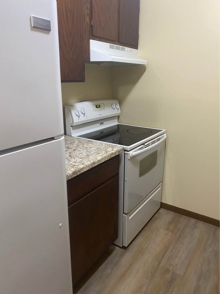 Kitchen with electric range, range hood and refrigerator