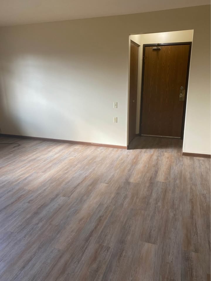Open living area with wood-look flooring and the entry door